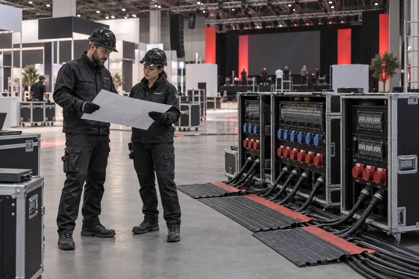 Equipe técnica planejando infraestrutura elétrica para evento corporativo