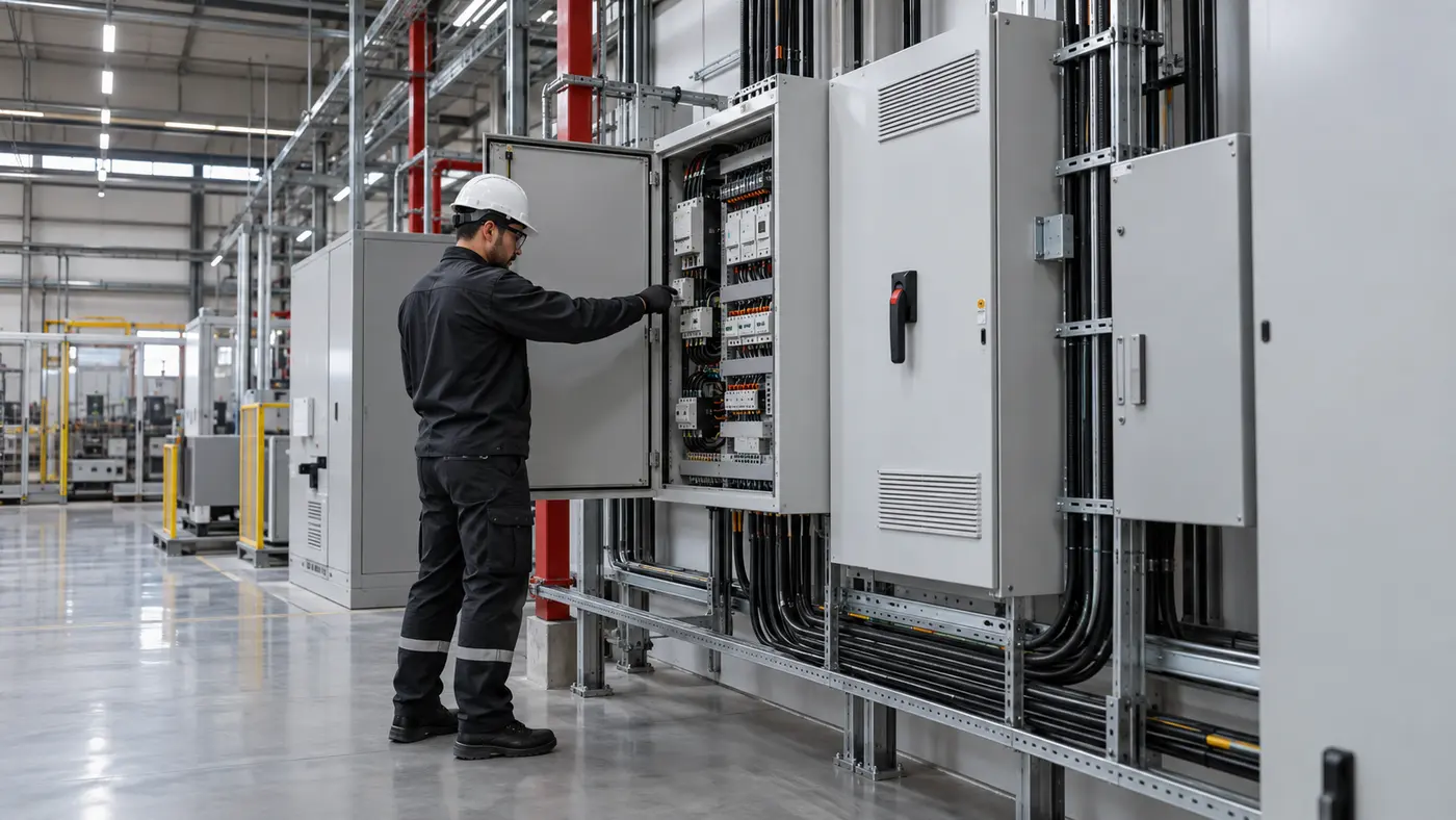 Técnico realizando inspeção em instalação elétrica industrial